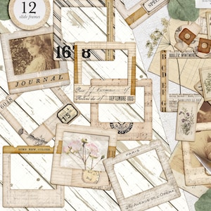 May include: A collection of 12 vintage-style slide frames, featuring a variety of designs and textures. The frames include text elements like "Journal," "Paris," and dates. The color palette is neutral, with beige, cream, and brown tones, creating a nostalgic aesthetic.