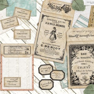 May include: A collection of vintage ephemera, including labels, envelopes, and tags with aged paper textures. The items feature French text, botanical illustrations, and the words "Relics, Curiosities, Autographs." The theme is antique and nostalgic.