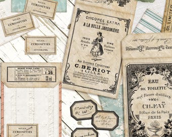 May include: A collection of vintage ephemera, including labels, envelopes, and tags with aged paper textures. The items feature French text, botanical illustrations, and the words "Relics, Curiosities, Autographs." The theme is antique and nostalgic.