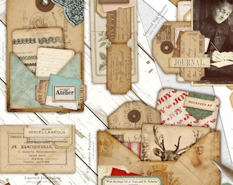 May include: A collection of vintage-style ephemera, including tags, tickets, and envelopes. The items feature aged paper textures, botanical illustrations, and handwritten text. The color palette is primarily sepia tones with accents of teal and red. The image includes the text "Atelier" and "Journal".