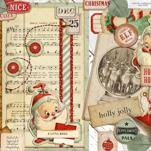 Puede incluir: Un collage navideño vintage con ilustraciones de Papá Noel, partituras y elementos decorativos. El diseño incluye etiquetas con texto como "Nice", "Cozy" y "Elf Mark". La paleta de colores presenta tonos rojos, verdes y crema.