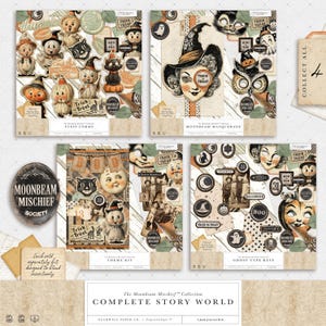 Puede incluir: Una colecci&oacute;n de ef&iacute;meras de papel con tem&aacute;tica de Halloween, con ilustraciones vintage de calabazas, gatos, brujas y fantasmas. Los dise&ntilde;os incluyen las frases "Trick or Treat" y "Boo". La colecci&oacute;n se titula "The Moonbeam Mischief Collection Complete Story World".