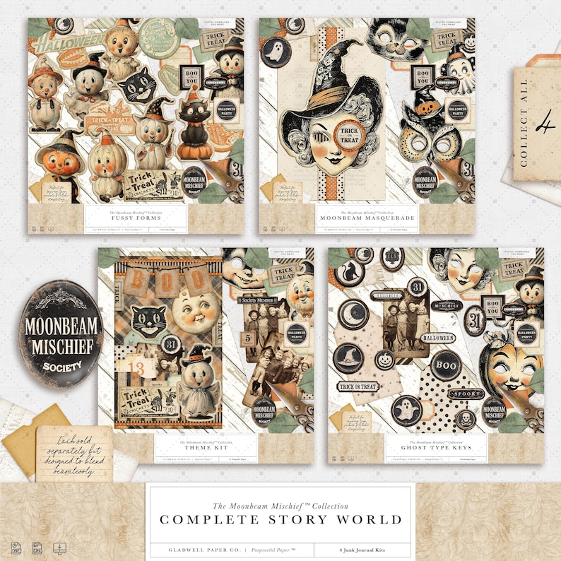 Puede incluir: Una colecci&oacute;n de ef&iacute;meras de papel con tem&aacute;tica de Halloween, con ilustraciones vintage de calabazas, gatos, brujas y fantasmas. Los dise&ntilde;os incluyen las frases "Trick or Treat" y "Boo". La colecci&oacute;n se titula "The Moonbeam Mischief Collection Complete Story World".