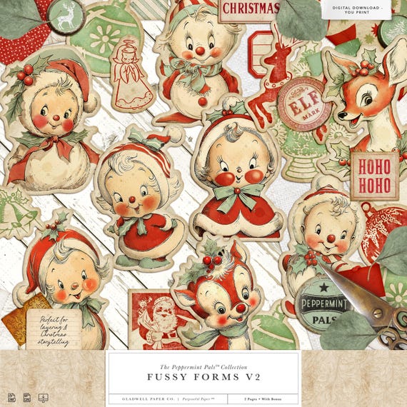 Vintage Christmas Fussy Cuts – Snowman & Reindeer Ephemera for Holiday Junk Journals | Peppermint Pals™ Vol. 2