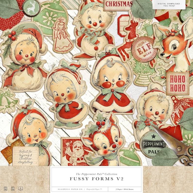 Puede incluir: Una colecci&oacute;n de recortes de papel con tem&aacute;tica navide&ntilde;a de estilo vintage. Los dise&ntilde;os incluyen figuras parecidas a beb&eacute;s con trajes rojos y blancos, renos y texto tem&aacute;tico navide&ntilde;o. El texto "The Peppermint Pals Collection" es visible. Perfecto para capas y narraciones navide&ntilde;as.