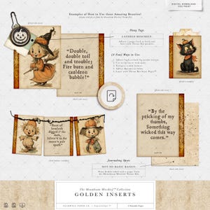 Puede incluir: Descarga digital de insertos con tem&aacute;tica de Halloween con ilustraciones vintage. Los insertos presentan una bruja, espantap&aacute;jaros y un gato negro, junto con citas de Macbeth de Shakespeare. Dise&ntilde;ado para journaling y scrapbooking.