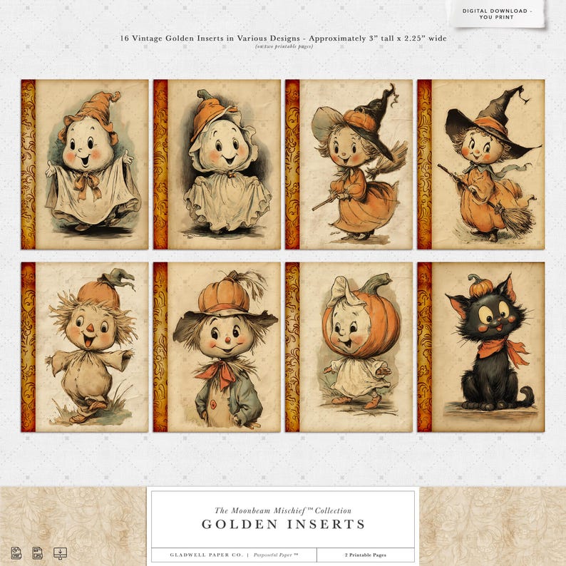 Puede incluir: Una colecci&oacute;n de 16 inserciones doradas vintage con varios dise&ntilde;os, de aproximadamente 7,6 cm de alto por 5,7 cm de ancho. Las inserciones presentan ilustraciones caprichosas de personajes disfrazados de Halloween, incluyendo un espantap&aacute;jaros, una bruja y un gato negro. El texto dice "The Moonbeam Mischief Collection".