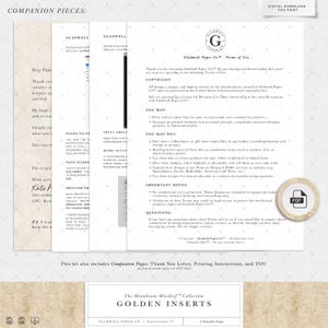 Puede incluir: Kit de descarga digital con p&aacute;ginas imprimibles, que incluye t&eacute;rminos de uso, carta de agradecimiento e inserciones doradas. Dise&ntilde;ado por Gladwell Paper Co. para uso personal. Archivo PDF incluido.