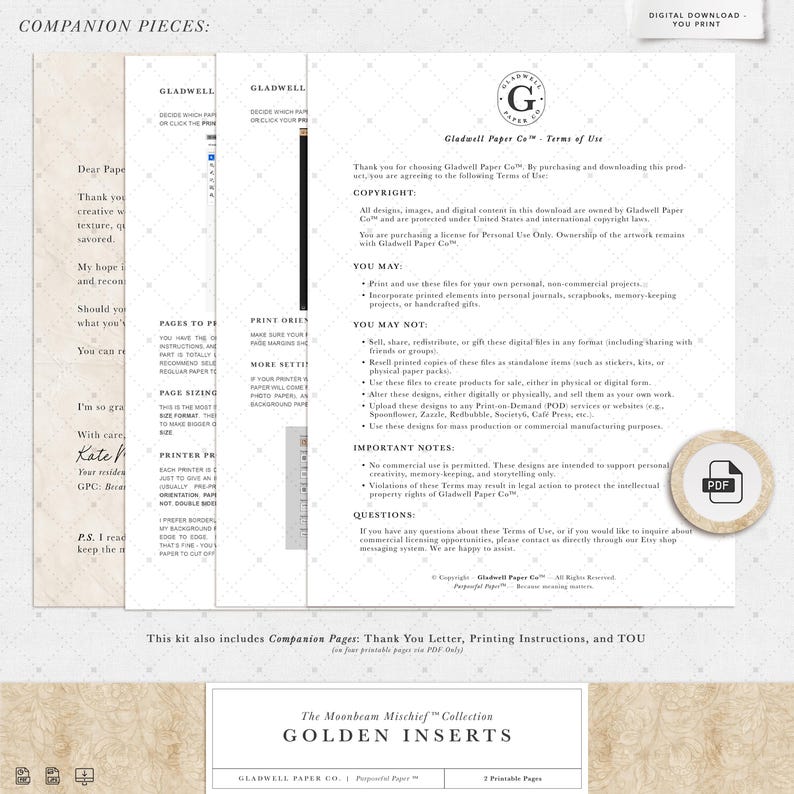 Puede incluir: Kit de descarga digital con p&aacute;ginas imprimibles, que incluye t&eacute;rminos de uso, carta de agradecimiento e inserciones doradas. Dise&ntilde;ado por Gladwell Paper Co. para uso personal. Archivo PDF incluido.
