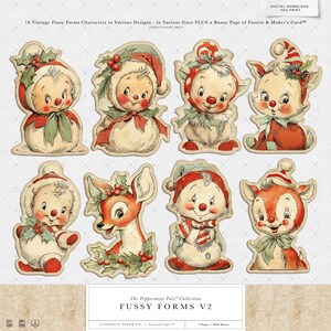 Puede incluir: Una colecci&oacute;n de 16 formas recortadas vintage con varios personajes navide&ntilde;os, incluyendo mu&ntilde;ecos de nieve y ciervos, en varios tama&ntilde;os. Cada personaje est&aacute; adornado con atuendos festivos y detalles de acebo. El texto "DESCARGA DIGITAL - USTED IMPRIME" es visible.