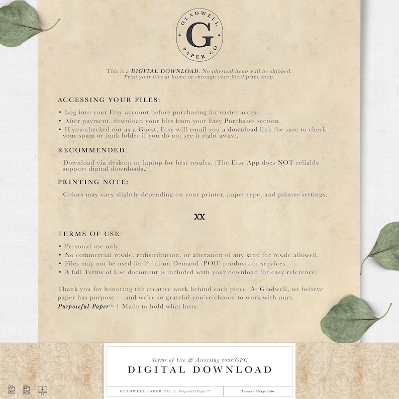 Puede incluir: Documento de descarga digital de Gladwell Paper Co. Incluye informaci&oacute;n sobre el acceso a archivos, notas de impresi&oacute;n y condiciones de uso. Sobre un fondo beige con hojas verdes.