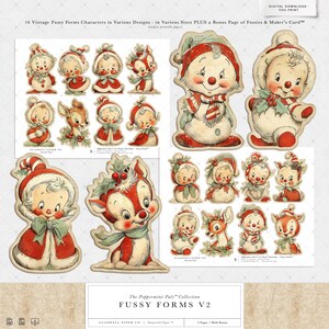 Puede incluir: Una colecci&oacute;n de 16 personajes de formas recortadas de estilo vintage en varios dise&ntilde;os y tama&ntilde;os, adem&aacute;s de una p&aacute;gina extra de recortes y una tarjeta de creador. Los personajes incluyen mu&ntilde;ecos de nieve, ciervos y otras figuras festivas en rojo y blanco. El texto dice "The Peppermint Pals Collection Fussy Forms V2."