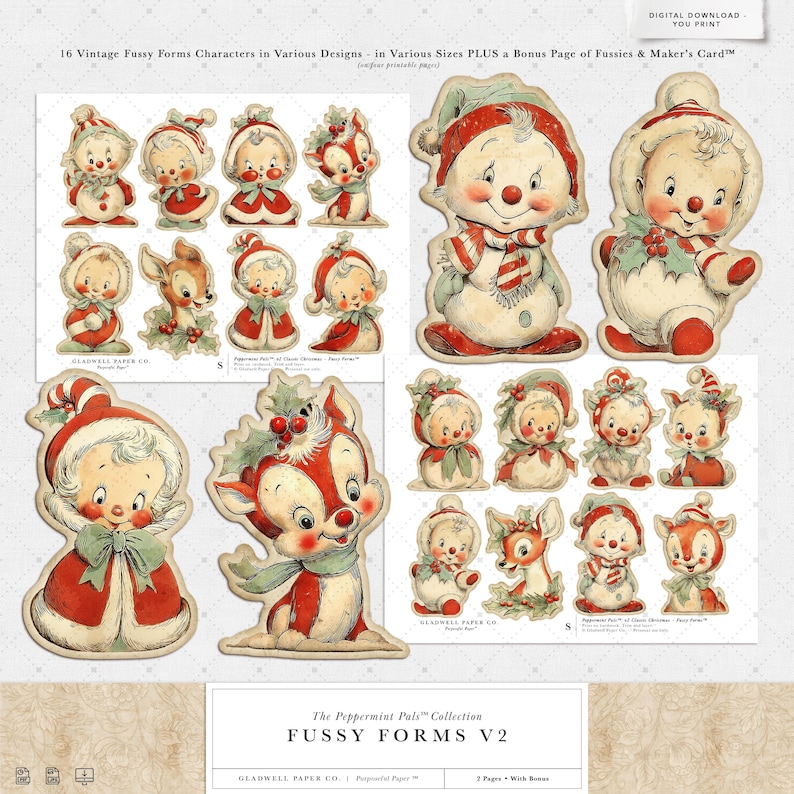 Puede incluir: Una colecci&oacute;n de 16 personajes de formas recortadas de estilo vintage en varios dise&ntilde;os y tama&ntilde;os, adem&aacute;s de una p&aacute;gina extra de recortes y una tarjeta de creador. Los personajes incluyen mu&ntilde;ecos de nieve, ciervos y otras figuras festivas en rojo y blanco. El texto dice "The Peppermint Pals Collection Fussy Forms V2."