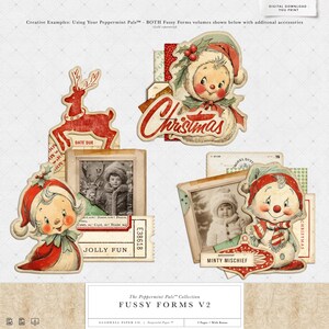 Puede incluir: Colecci&oacute;n de recortes de papel con tem&aacute;tica navide&ntilde;a de estilo vintage. Los dise&ntilde;os incluyen un mu&ntilde;eco de nieve, un reno y ni&ntilde;os con ropa de invierno. Los recortes presentan las palabras "Christmas", "Jolly Fun" y "Minty Mischief".
