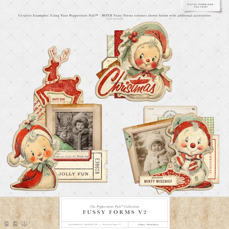 Puede incluir: Colecci&oacute;n de recortes de papel con tem&aacute;tica navide&ntilde;a de estilo vintage. Los dise&ntilde;os incluyen un mu&ntilde;eco de nieve, un reno y ni&ntilde;os con ropa de invierno. Los recortes presentan las palabras "Christmas", "Jolly Fun" y "Minty Mischief".