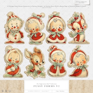 Puede incluir: Una colecci&oacute;n de 16 personajes vintage de formas exigentes en varios dise&ntilde;os, incluyendo un mu&ntilde;eco de nieve, un ciervo y otras figuras, todas en rojo, blanco y beige. La imagen incluye el texto "The Peppermint Pals Collection" y "Fussy Forms V2".