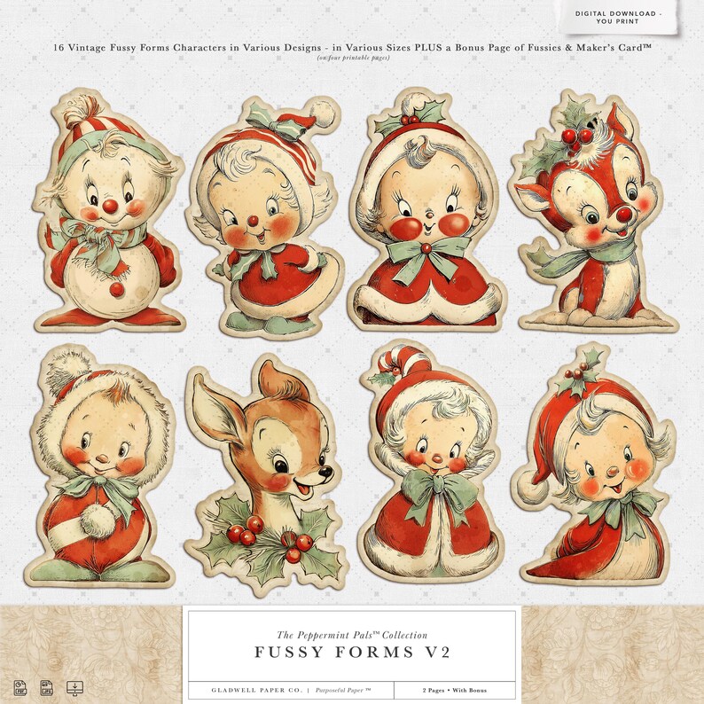 Puede incluir: Una colecci&oacute;n de 16 personajes vintage de formas exigentes en varios dise&ntilde;os, incluyendo un mu&ntilde;eco de nieve, un ciervo y otras figuras, todas en rojo, blanco y beige. La imagen incluye el texto "The Peppermint Pals Collection" y "Fussy Forms V2".