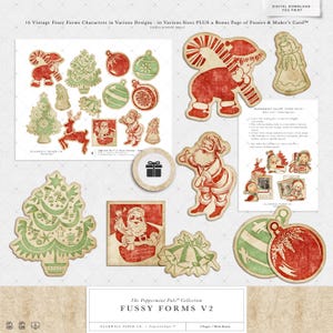 Puede incluir: Una colecci&oacute;n de formas recortadas de tem&aacute;tica navide&ntilde;a de estilo vintage, en varias formas y tama&ntilde;os. Las formas incluyen a Pap&aacute; Noel, &aacute;rboles de Navidad, adornos y otros dise&ntilde;os festivos en rojo, verde y beige. El texto "DESCARGA DIGITAL - USTED IMPRIME" es visible.