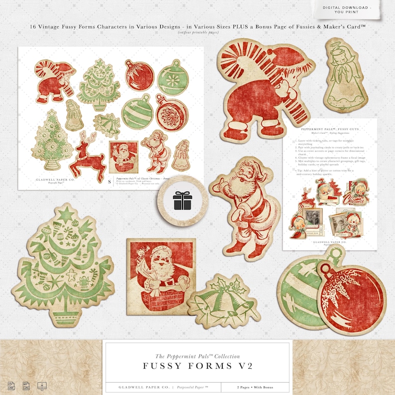 Puede incluir: Una colecci&oacute;n de formas recortadas de tem&aacute;tica navide&ntilde;a de estilo vintage, en varias formas y tama&ntilde;os. Las formas incluyen a Pap&aacute; Noel, &aacute;rboles de Navidad, adornos y otros dise&ntilde;os festivos en rojo, verde y beige. El texto "DESCARGA DIGITAL - USTED IMPRIME" es visible.