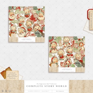 Puede incluir: Dos paquetes de papel con tem&aacute;tica navide&ntilde;a con ilustraciones vintage de elfos, Pap&aacute; Noel y otros personajes festivos. Los paquetes incluyen el texto "Christmas", "Elf" y "Fussy Forms VI". La colecci&oacute;n se llama "The Peppermint Pals Collection".