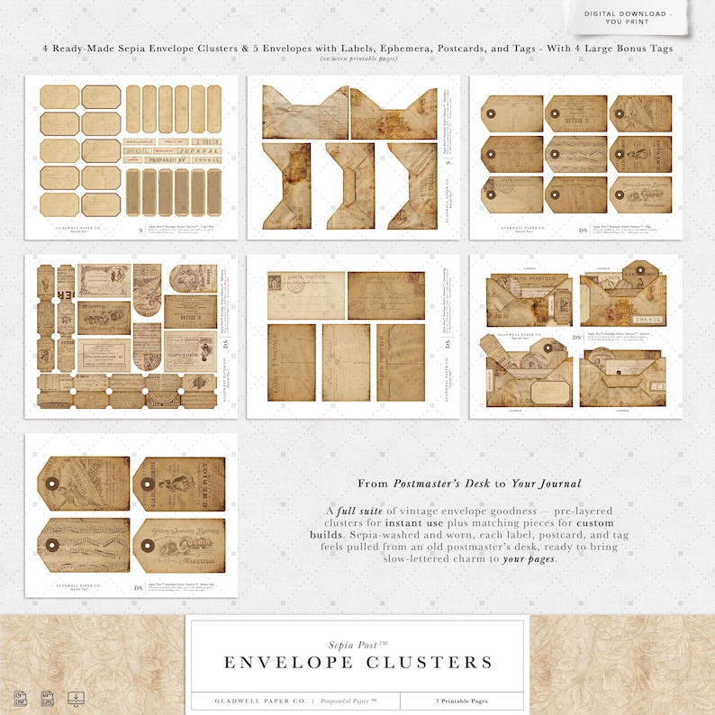 Printable Junk Journal Pockets | Vintage Envelope Clusters Tags and ...