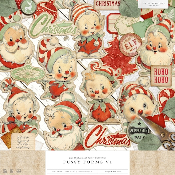 Vintage Christmas Santa & Elf Fussy Cuts Printable for Holiday Junk Journals | Peppermint Pals™ Vol. 1