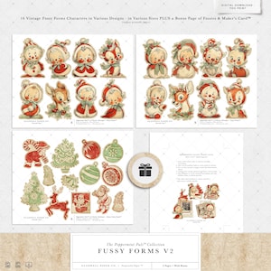 Puede incluir: Descarga digital de formas de recorte navide&ntilde;as vintage. El conjunto incluye 16 personajes en varios dise&ntilde;os y tama&ntilde;os, adem&aacute;s de una p&aacute;gina extra de recortes y una tarjeta de creador. Los personajes son de color rojo, blanco y verde.