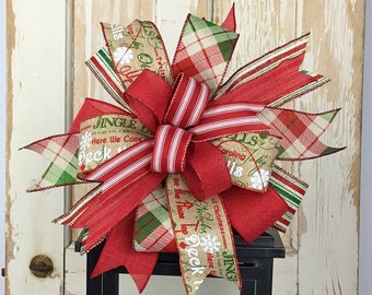 Country Wreath Bow~Christmas Lantern Bow~Holiday Wreath Bow~Christmas Script Bow~Swag Bow~Red Green Wreath Bow~Mailbox Bow~Rustic Bow