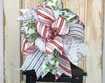 Silver and Red Christmas Bow~Christmas Wreath Bow~Elegant Christmas Bow~Decorative Bows~Holiday Wreath Bow~Lantern Bow~Christmas Garland Bow