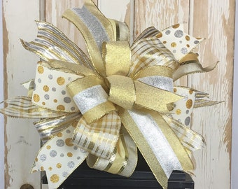 Gold Silver Christmas Bow~Cream Christmas Bow~Christmas Wreath Bow~Elegant Christmas Bow~Holiday Wreath Bow~Lantern Bow~Christmas Mantel Bow