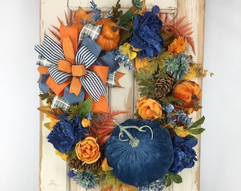 Blue Fall Wreath~Blue Fall Wreath for Front Door~Blue and Orange Fall Wreath~Large Fall Wreath~Designer Fall Wreath~Fall Peonies Wreath