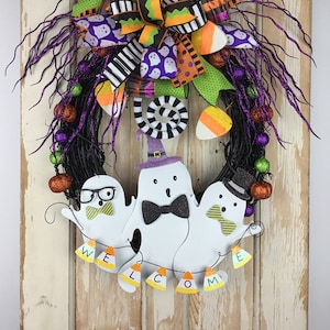 Ghost Wreath~Halloween Wreath for Front Door~Halloween Candy Corn Wreath~Halloween Welcome Wreath~Orange and Black Wreath~Halloween Wreath