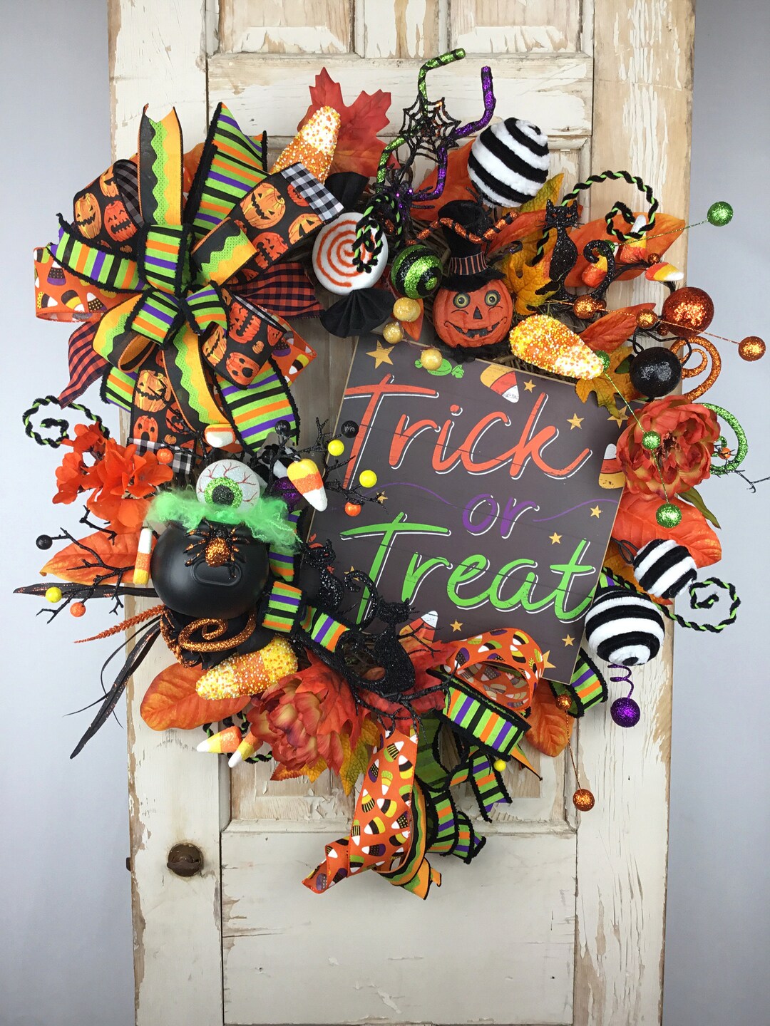 Halloween Wreath for Front Door~trick or Treat Wreath~orange and Black ...