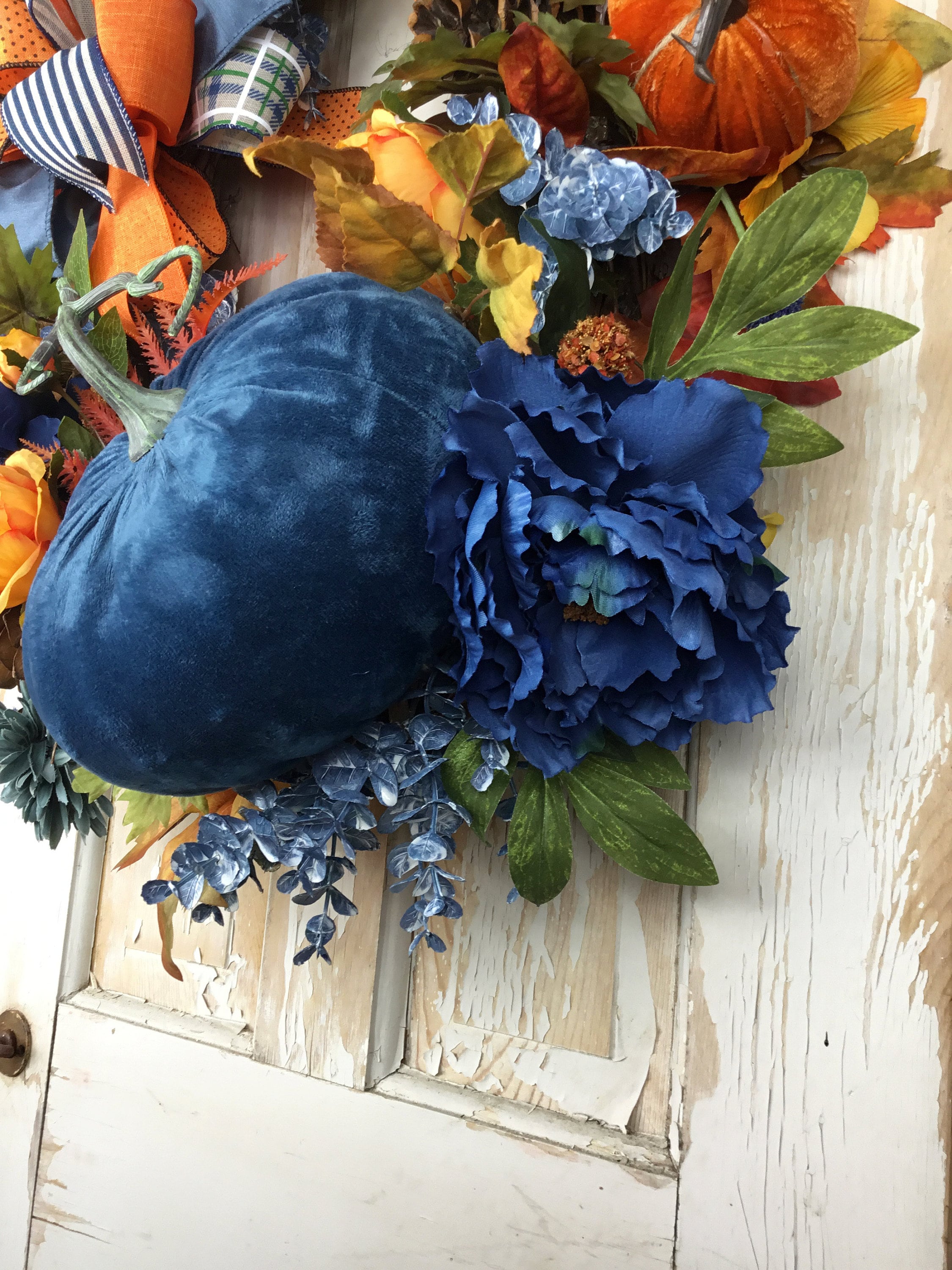 Blue Fall Wreath~blue Fall Wreath for Front Door~blue and Orange Fall ...