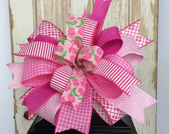 Spring Wreath Bow~Tulip Wreath Bow~Swag Bow~Lantern Bow~Pink Green Wreath Bow~Spring Floral Wreath Bow~Hanger Door Bow~Easter Door Bow