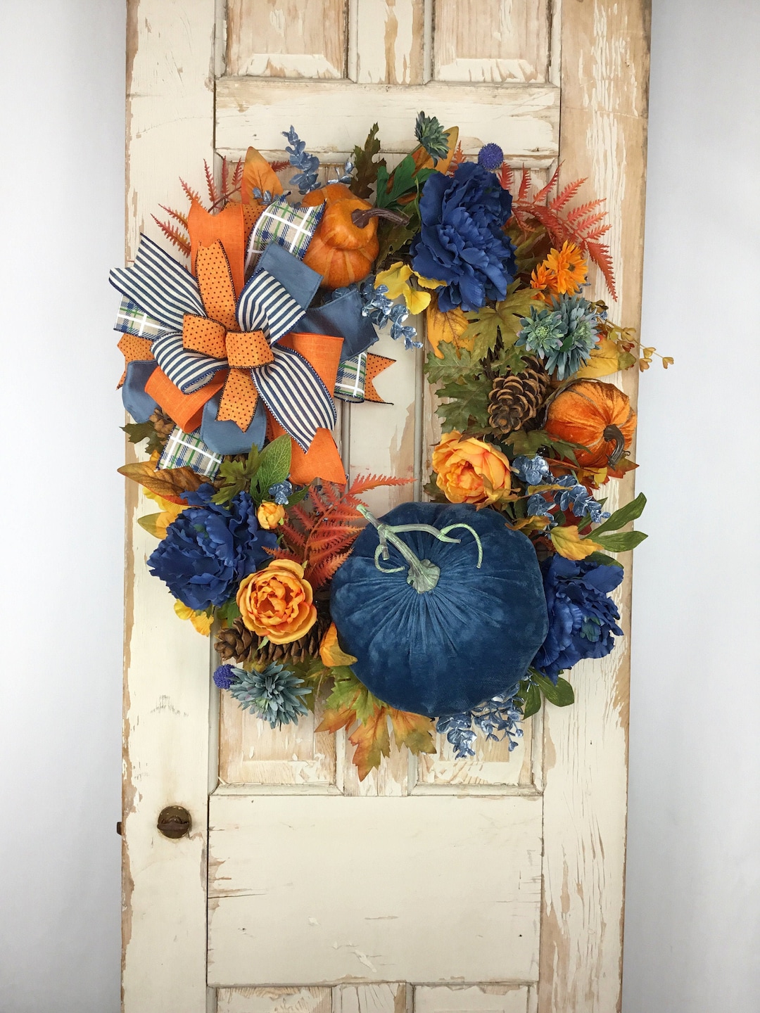Blue Fall Wreath~blue Fall Wreath for Front Door~blue and Orange Fall ...