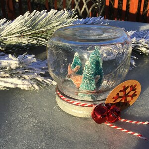 May include: A glass snow globe with a red and white striped ribbon around the lid. Inside the globe, there is a small deer figurine and two green pine trees. A brown paper tag with a red snowflake is attached to the ribbon.