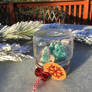 May include: A glass jar snow globe with a brown lid and a snowflake tag. Inside the globe are two small green glitter trees. The snow globe is sitting on a table with a white snowy pine branch.