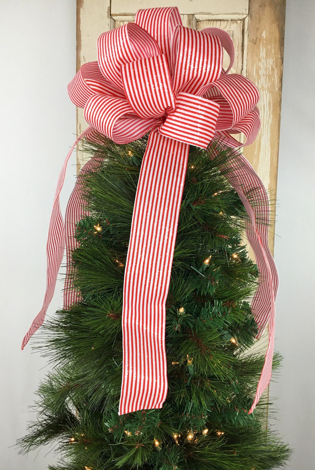 Red Tree Topper Bowred White Tree Topperstripe Tree Etsy