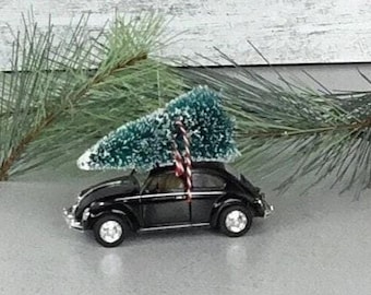 VW Christmas~Volkswagen Christmas~VW Gift~Vintage Volkswagen Christmas~Nostalgic Christmas~Nostalgic Gift~Black VW Beetle~Retro Car and Tree