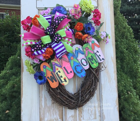 Summer Welcome Wreathbeach Door Wreathbeach Wreathflip Etsy