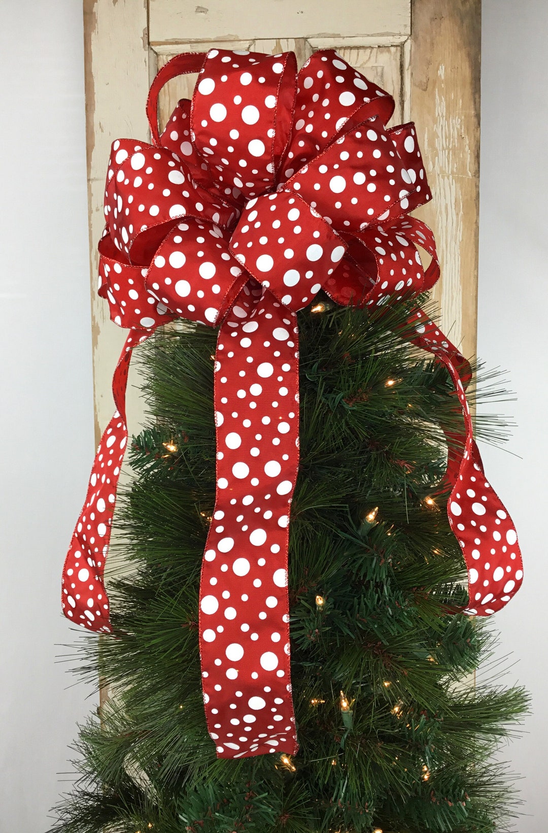 Red Tree Topper Bowred White Tree Topperpolka Dot Tree Topperchristmas
