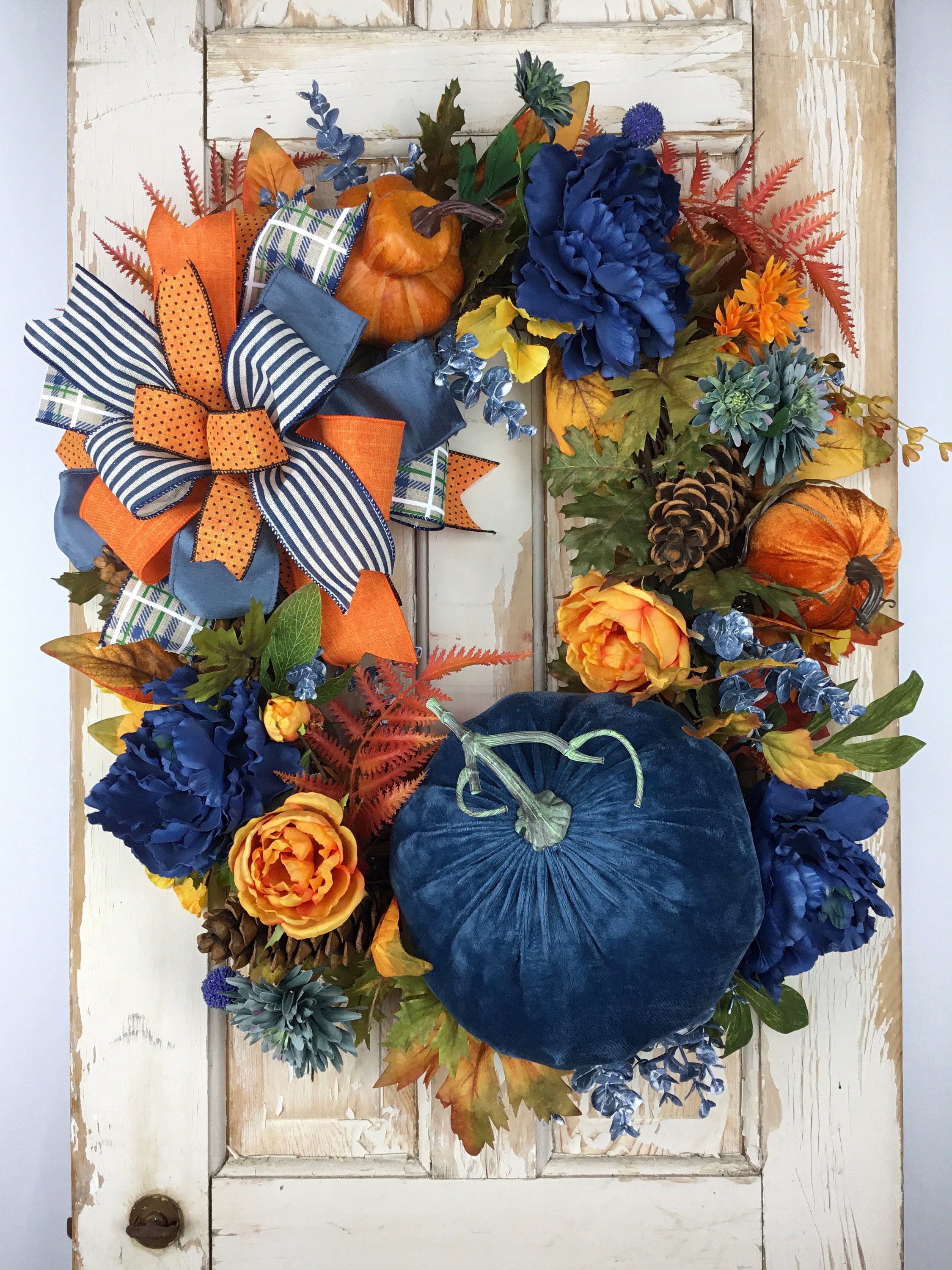 Blue Fall Wreath~blue Fall Wreath for Front Door~blue and Orange Fall ...