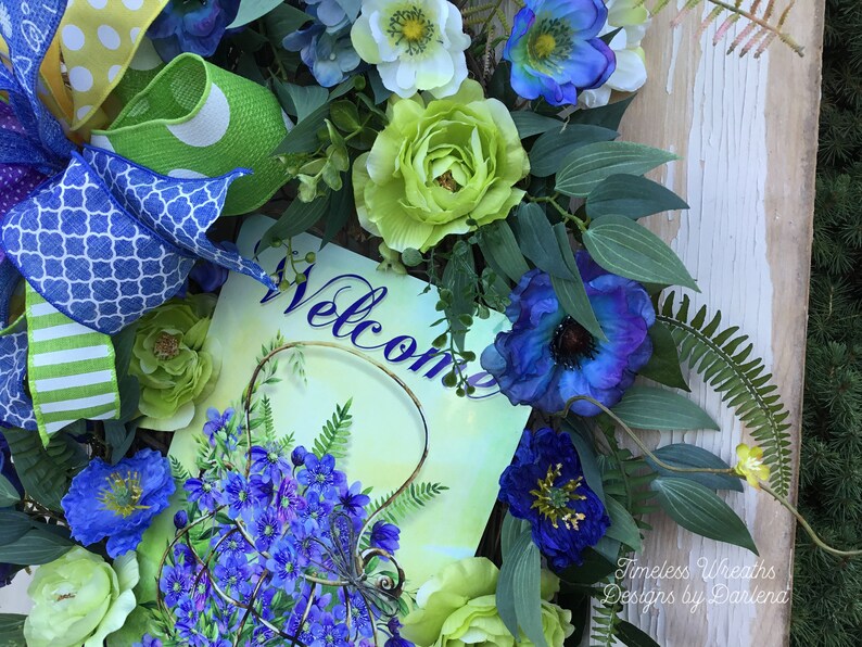 Floral Welcome Wreath~Oval Door Wreath~Everyday Welcome Wreath~Blue Purple And Green Wreath~Flower Basket Wreath~Free Shipping Wreath