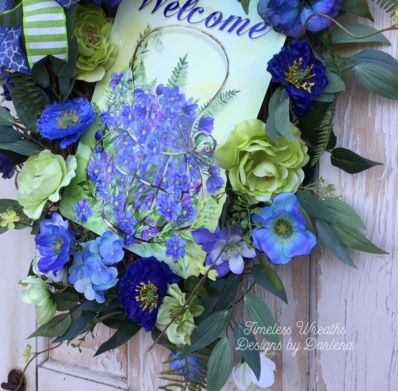 Floral Welcome Wreath~Oval Door Wreath~Everyday Welcome Wreath~Blue Purple And Green Wreath~Flower Basket Wreath~Free Shipping Wreath