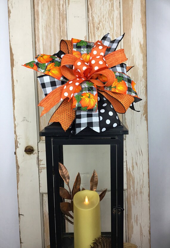 Farmhouse Fall Wreath Bow~Pumpkin Fall Wreath Bow~Lantern Bow~Black White Orange Wreath Bow~Fall Lantern Bow~Swag Bow~Mailbox Bow~Dot Bow