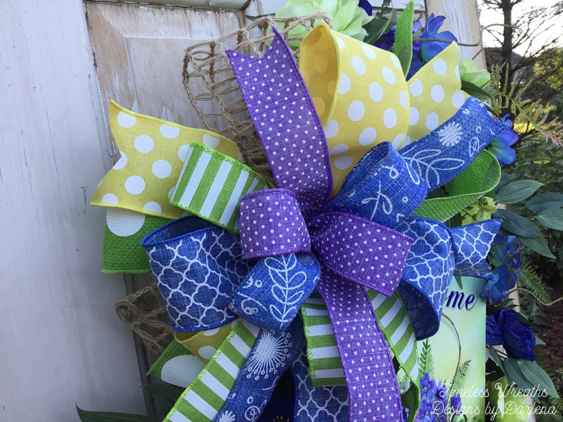 Floral Welcome Wreath~Oval Door Wreath~Everyday Welcome Wreath~Blue Purple And Green Wreath~Flower Basket Wreath~Free Shipping Wreath