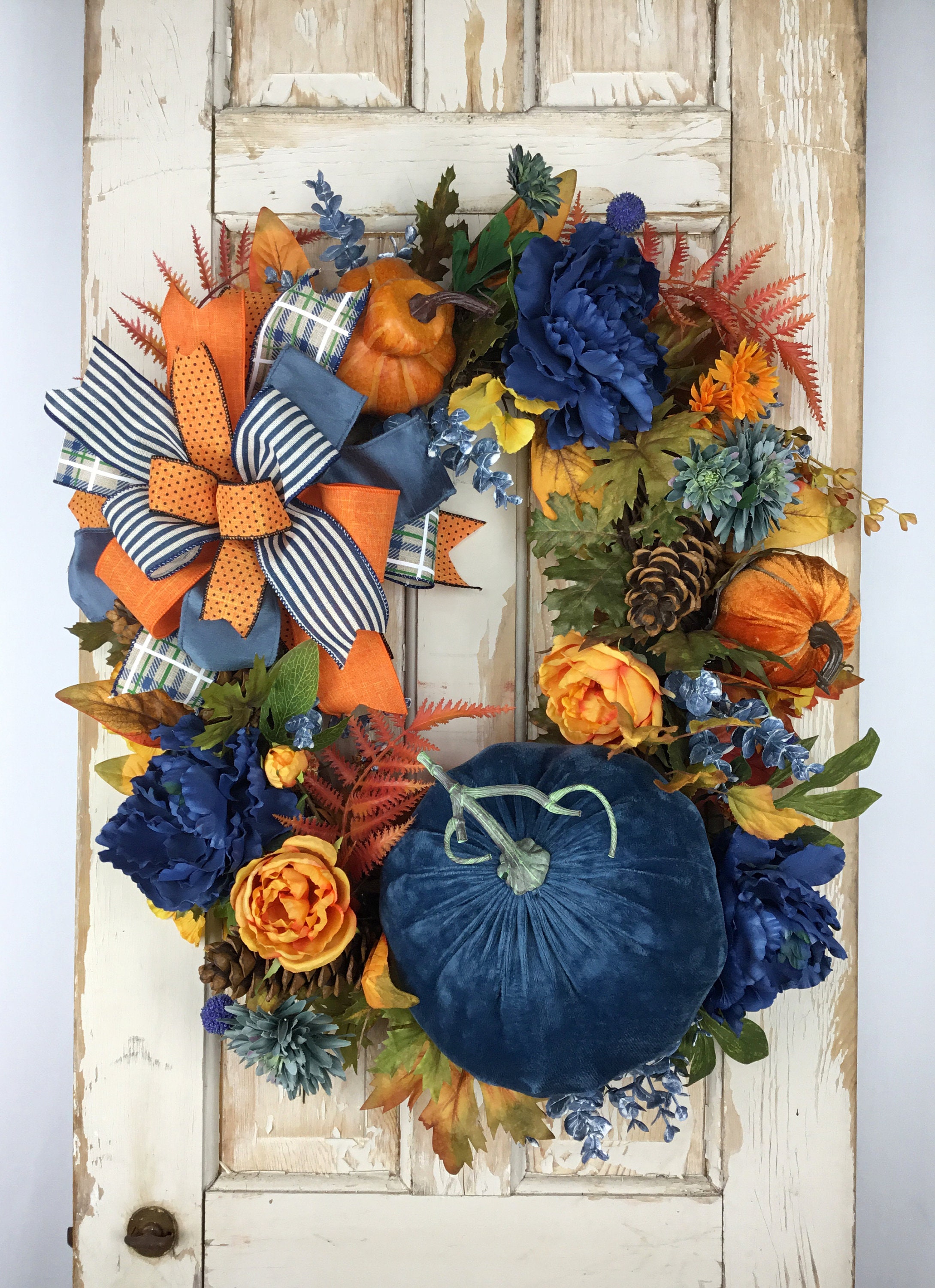 Blue Fall Wreath~blue Fall Wreath for Front Door~blue and Orange