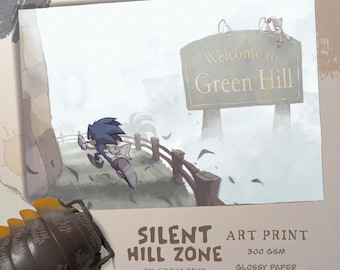 Impresión artística A4 del crossover de Sonic y Silent Hill // Sonic the Hedgehog, Tails Doll, Green Hill Zone // Póster espeluznante