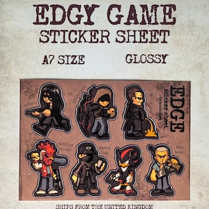 May include: A sticker sheet with the text "EDGY GAME STICKER SHEET" and "A7 SIZE GLOSSY". The sheet features cartoon illustrations of characters labeled "hatred", "prototype", "hotline minmi", "watch dogs", "shadow", and "man hunt".